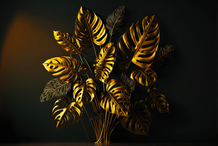 Gold monstera leaves in interior. Natural luxury backdrop. Generative AI.の素材