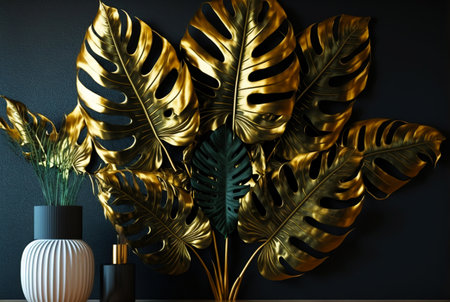 Gold monstera leaves in interior. Natural luxury backdrop. Generative AI.の素材