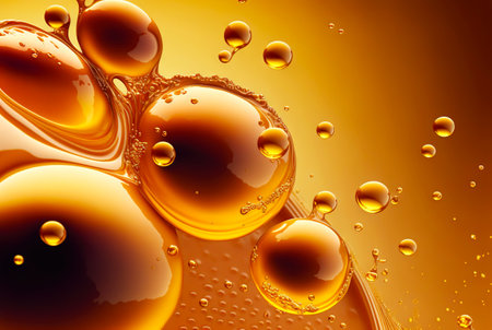 Golden bubbles of honey, oil, beer or juice. Macro of fluid flow. Generative AI.の素材