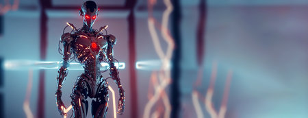 Female android as artificial intelligence avatar. Wires and tech pieces, cyborg mechanical body. Generative AI.の素材