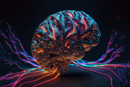 Cyber brain of Artificial Intelligence. Wires and circuit attached. Futuristic synthetic life. Generative AI.の素材