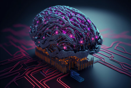 Cyber brain of Artificial Intelligence. Wires and circuit attached. Futuristic synthetic life. Generative AI.の素材