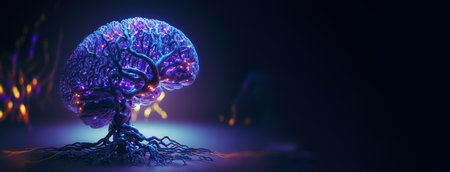 Cyber brain of Artificial Intelligence. Wires and circuit attached. Futuristic synthetic life. Generative AI.の素材