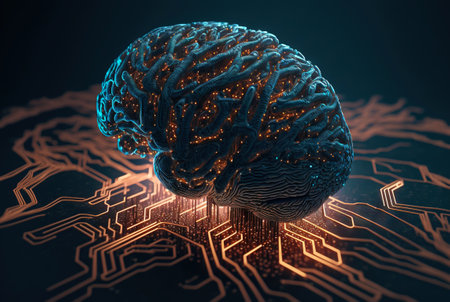 Cyber brain of Artificial Intelligence. Wires and circuit attached. Futuristic synthetic life. Generative AI.の素材