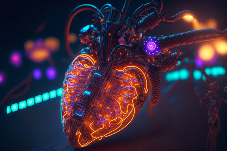Cyber heart of Artificial Intelligence. Wires and circuit attached. Futuristic synthetic life. Generative AI.の素材