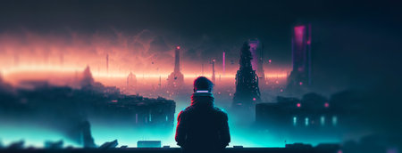 Man looking at skyline of cyberpunk neon city at night. Fog and glowing lights. Generative AI.の素材