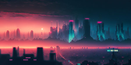 Skyline of cyberpunk neon city at night. Fog and glowing lights. Generative AI.の素材