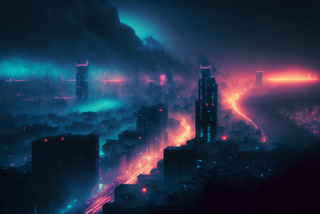 Skyline of cyberpunk neon city at night. Fog and glowing lights. Generative AI.の素材
