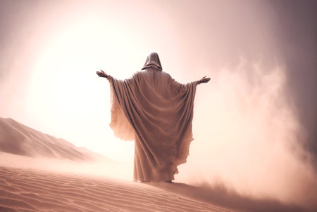 Man in coat stand in a desert sands during the storm, raising hands in praying gesture. Dusty mist. Generative AI.の素材