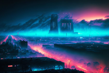 Skyline of cyberpunk neon city at night. Fog and glowing lights. Generative AI.の素材