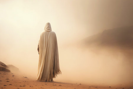 Man in white coat stand in a desert sands during the storm. Sand in a air, dusty mist. Generative AI.の素材