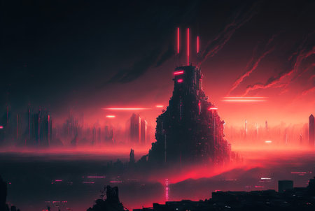 Skyline of cyberpunk red neon city at night. Giant skyscrapers emerge from fog. Generative AI.の素材