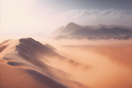 Desert sand landscape. Atmospheric scenic imaginary view. Clouds and sandstorm. Generative AI.の素材