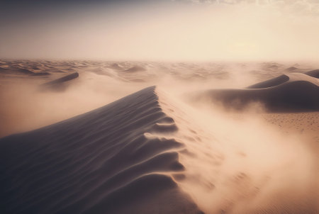 Desert sand landscape. Atmospheric scenic imaginary view. Clouds and sandstorm. Generative AI.の素材