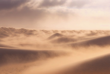 Desert sand landscape. Atmospheric scenic imaginary view. Clouds and sandstorm. Generative AI.の素材