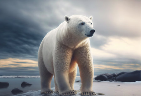 Polar bear, full body, front view. Looking straight. Northern wildlife. Generative AI.の素材