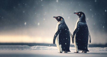 Two adult penguins. Standing on snow. Generative AI.の素材