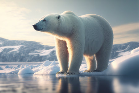 Polar bear, full body. Looking left. Northern wildlife. Generative AI.の素材