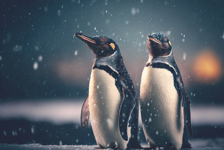 Two adult penguins. Standing on snow. Generative AI.の素材