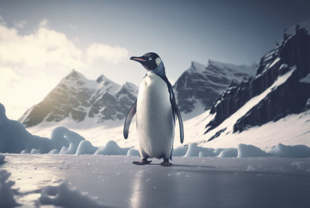 Adult penguin. Standing on snow. With beautiful snowy landscape behind. Generative AI.の素材