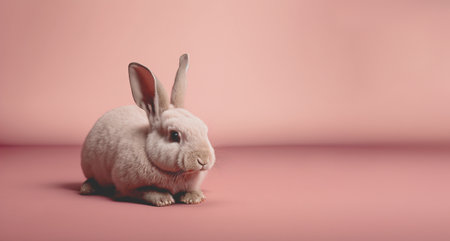 Cute little rabbit sitting on uniform pink floor background. Generative AI.の素材