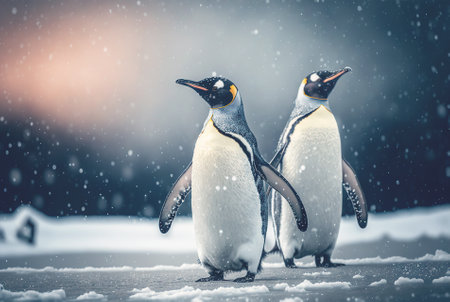 Two adult penguins. Standing on snow. Generative AI.の素材