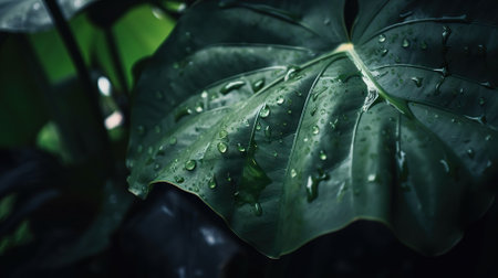 Closeup of Alocasia tropical plant leaves with rain drops. Green natural backdrop. Generative AI.の素材