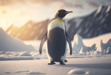 Adult penguin. Standing on snow. With beautiful snowy landscape behind. Generative AI.の素材