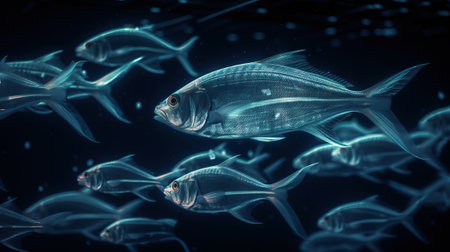 School of small silver fish underwater. Marine life. Generative AIの素材