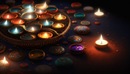 Diya lit lamps on rangoli. Diwali celebration concept. Generative AIの素材