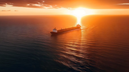Aerial image of huge fuel tanker ship in the sea on sunset. Generative AIの素材