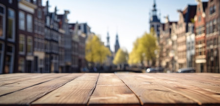 Wood table mockup with Amsterdam city street in shallow depth of field. Copy space for product. Generative AIの素材
