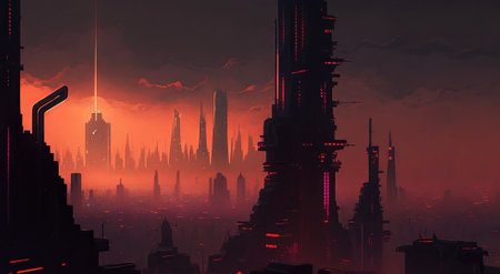 Cyberpunk cityscape landscape with a dystopian and gritty mood. Generative AIの素材