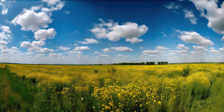 Spring flower field and blue sky with white clouds. Generative AIの素材