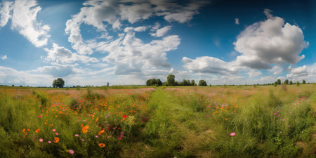 Spring flower field and blue sky with white clouds. Generative AIの素材
