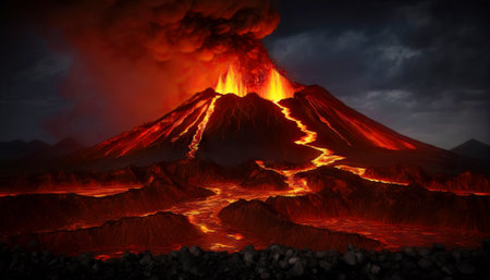 Volcano eruption. Lava flow down the slopes. Smoke rises in night sky. Generative AIの素材