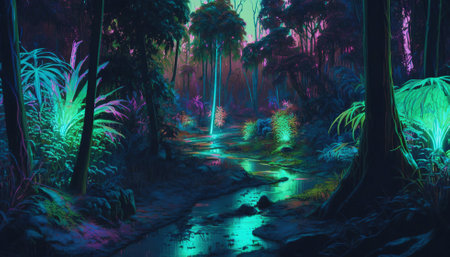 Tropical jungle in vibrant gradient neon colors. Synthwave rain forest. Generative AIの素材