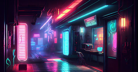 High-tech environment of neon cyberpunk city. Generative AIの素材