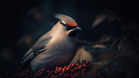 A Bohemian Waxwing bird stands on a tree branch. Generative AI.の素材