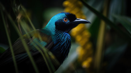 Blue Bird-of-Paradise close up with plants background. Generative AI.の素材
