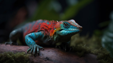 Colorful forest lizard on a tree bark in forest. Generative AI.の素材