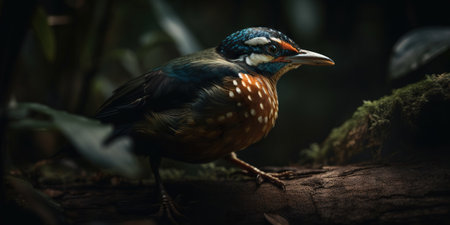 Gurney Pitta bird on floral blurry background. Generative AI.の素材