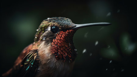 Closeup of hummingbird on a green background. Generative AI.の素材