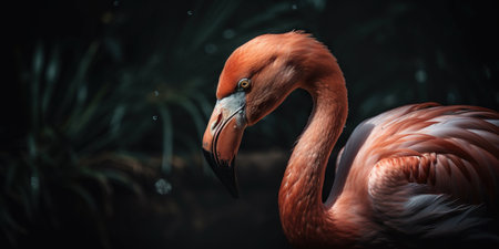 Pink flamingo close up standing with forest background. Generative AI.の素材