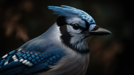 Blue Jay bird closeup with forest background. Generative AI.の素材