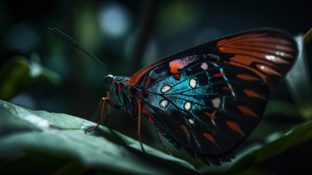 Colorful big butterfly sitting on green leaves, beautiful insect in the nature habitat. Generative AI.の素材