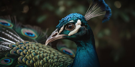 Close up photo of Peacock bird on forest background. Generative AI.の素材
