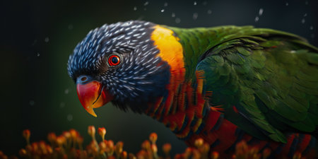 Rainbow Lorikeet close up portrait on forest background. Generative AI.の素材