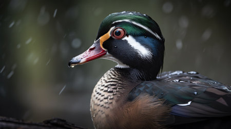 A wood duck bird portrait. Blurry background. Generative AI.の素材