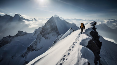 Explorer stand in front of high mountain peak winter snowy landscape. Generative AI.の素材